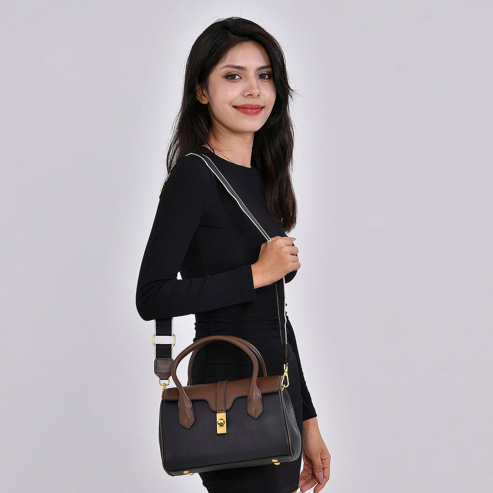 Genuine Leather Elegant Two-Tone Satchel Handbag With 2 Long Shoulder Strap - Black With Brown