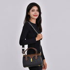 Genuine Leather Elegant Two-Tone Satchel Handbag With 2 Long Shoulder Strap - Black With Brown