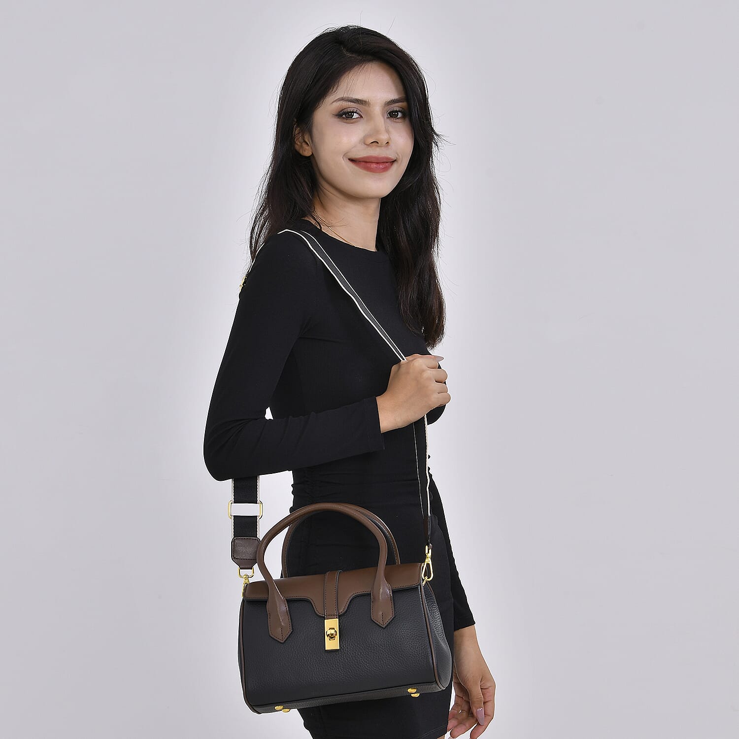 Genuine Leather Elegant Two-Tone Satchel Handbag With 2 Long Shoulder Strap - Black With Brown