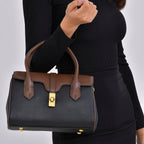 Genuine Leather Elegant Two-Tone Satchel Handbag With 2 Long Shoulder Strap - Black With Brown