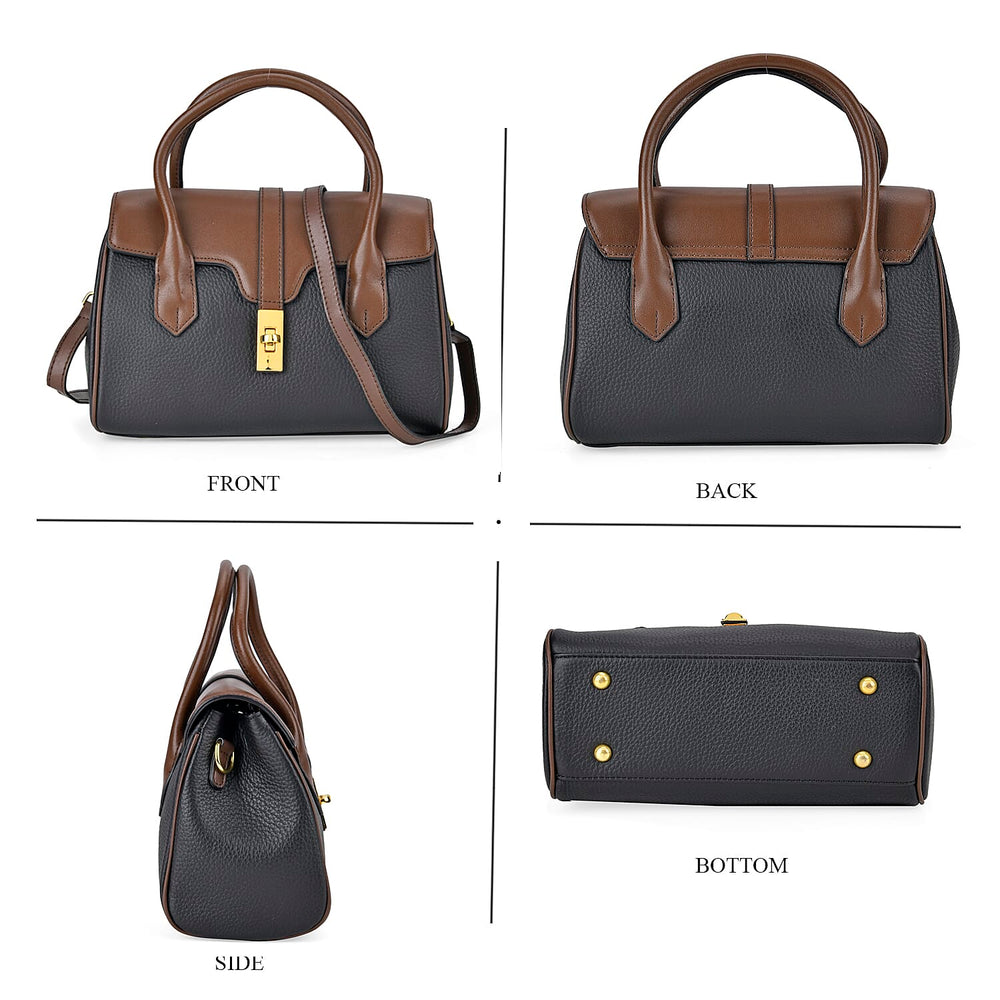 Genuine Leather Elegant Two-Tone Satchel Handbag With 2 Long Shoulder Strap - Black With Brown