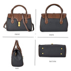 Genuine Leather Elegant Two-Tone Satchel Handbag With 2 Long Shoulder Strap - Black With Brown