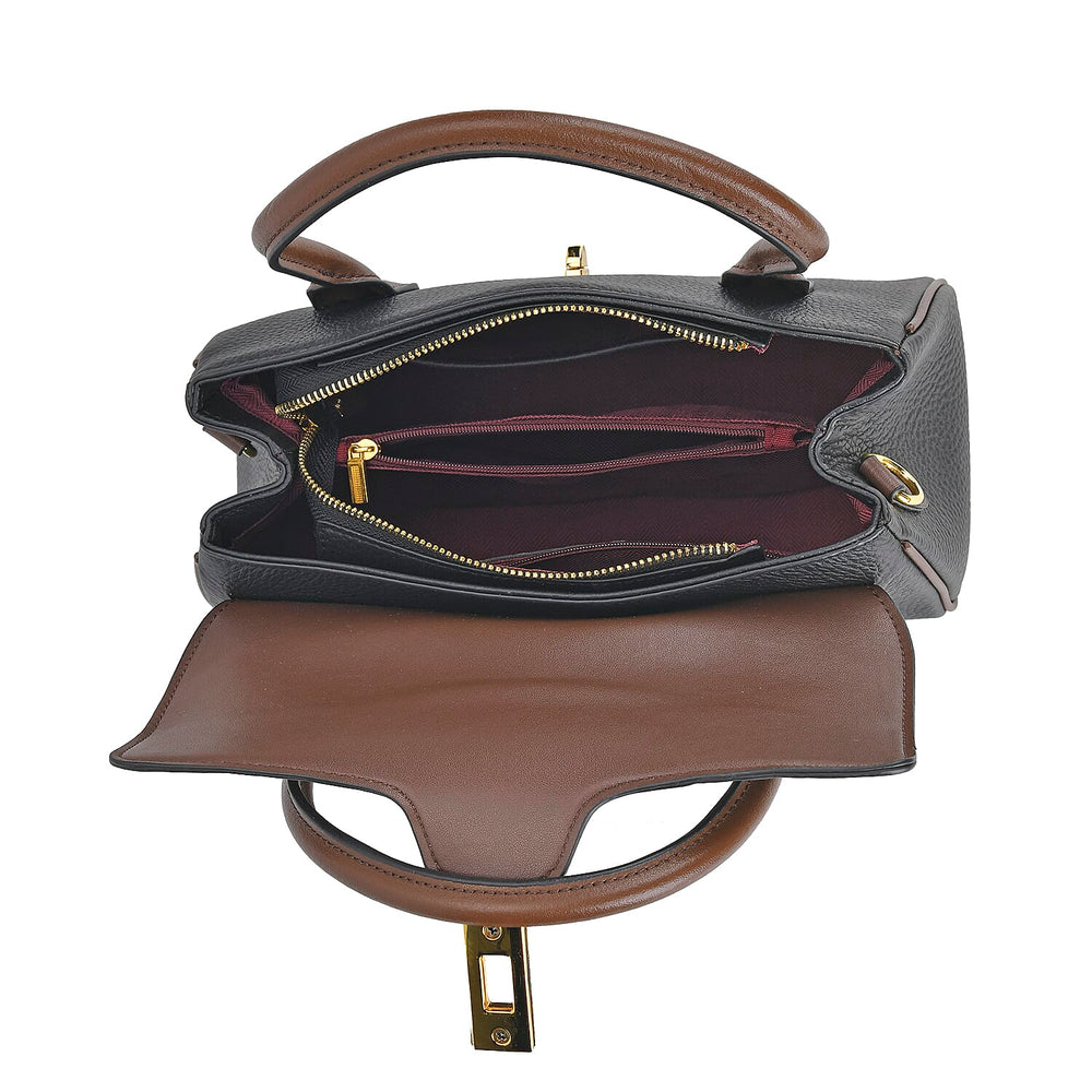 Genuine Leather Elegant Two-Tone Satchel Handbag With 2 Long Shoulder Strap - Black With Brown