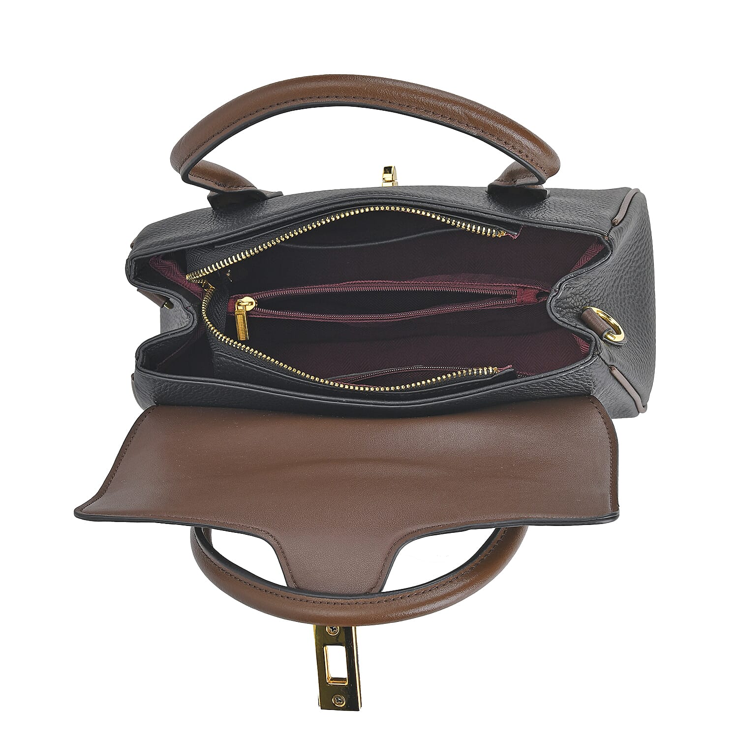 Genuine Leather Elegant Two-Tone Satchel Handbag With 2 Long Shoulder Strap - Black With Brown
