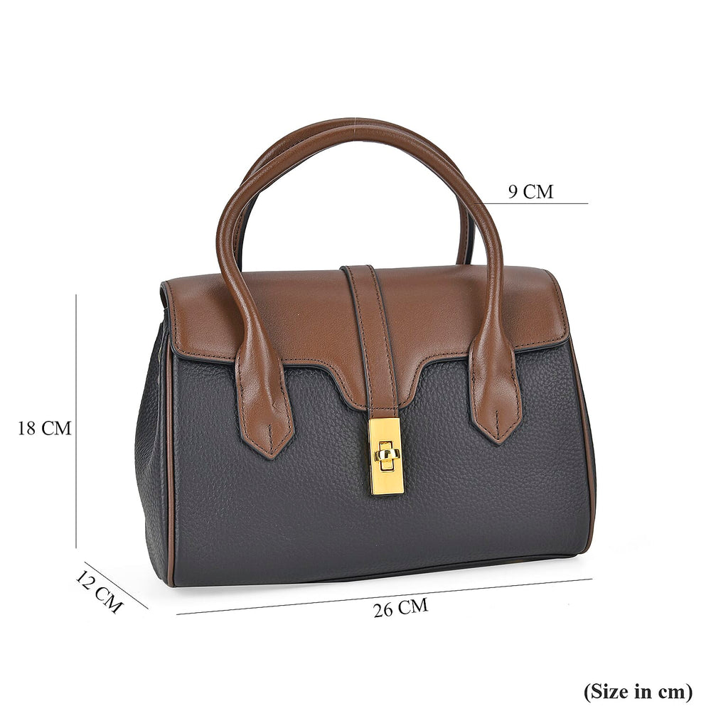 Genuine Leather Elegant Two-Tone Satchel Handbag With 2 Long Shoulder Strap - Black With Brown