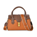 Genuine Leather Elegant Two-Tone Satchel Handbag With 2 Long Shoulder Strap - Tan With Brown