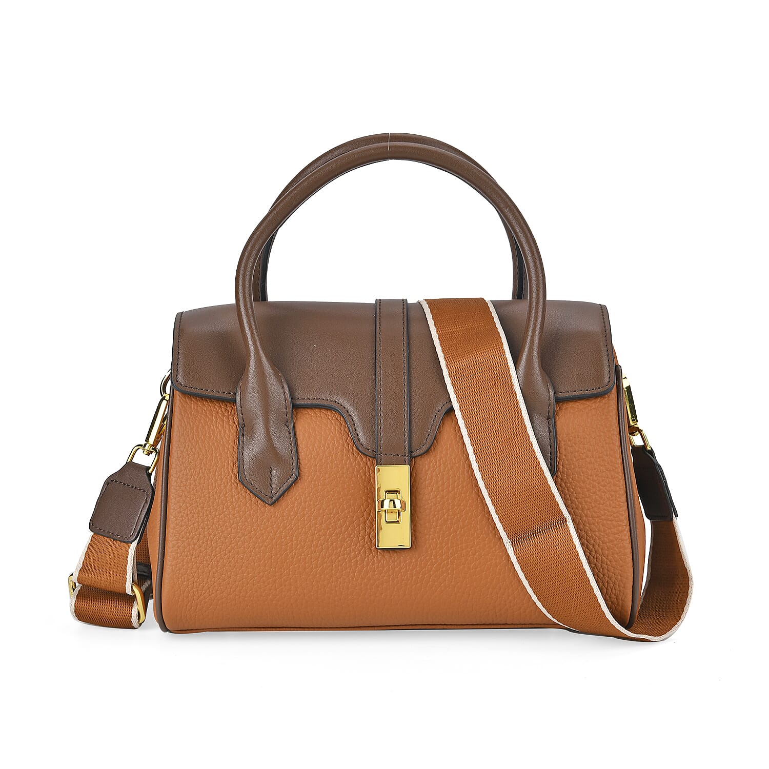 Genuine Leather Elegant Two-Tone Satchel Handbag With 2 Long Shoulder Strap - Tan With Brown
