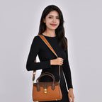 Genuine Leather Elegant Two-Tone Satchel Handbag With 2 Long Shoulder Strap - Tan With Brown