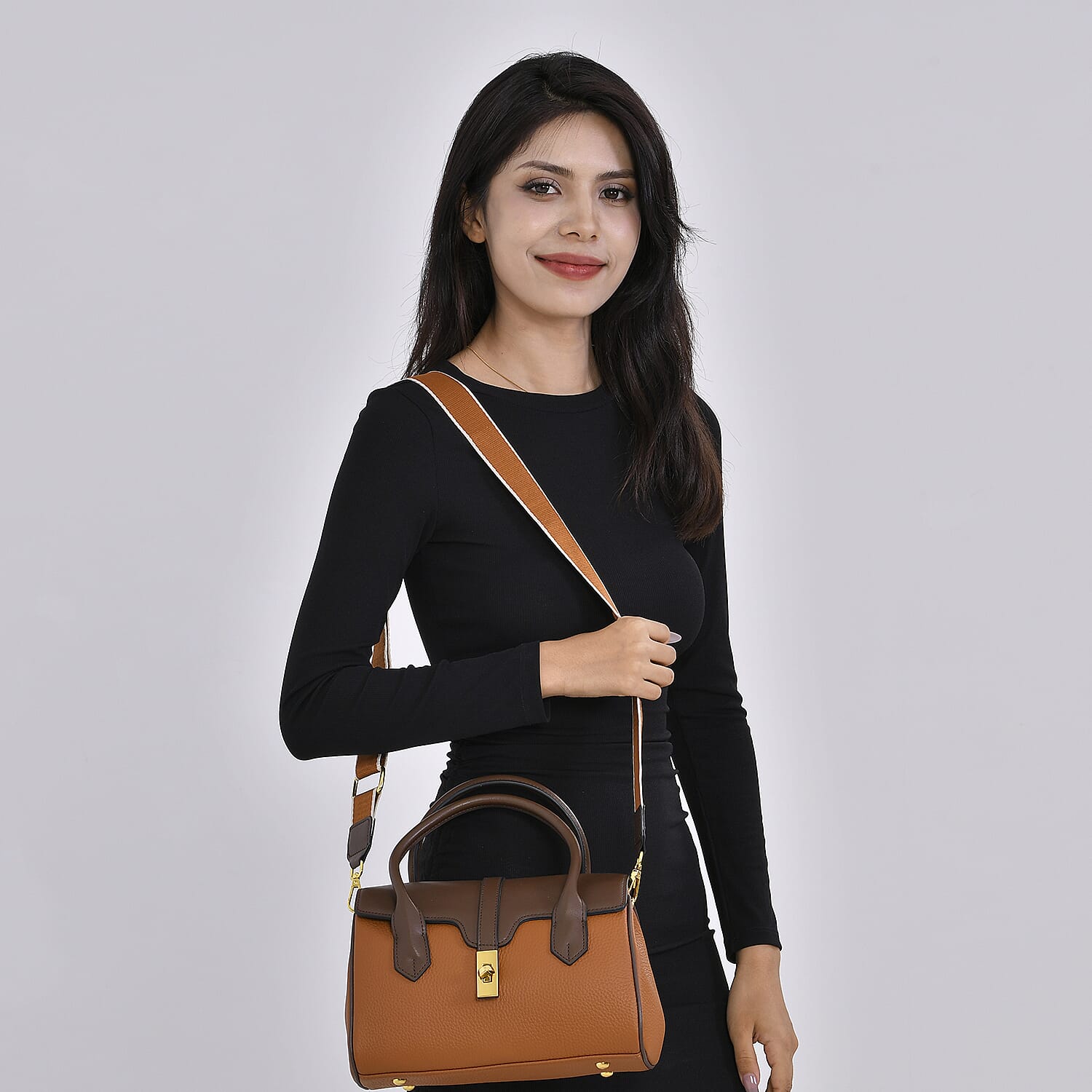 Genuine Leather Elegant Two-Tone Satchel Handbag With 2 Long Shoulder Strap - Tan With Brown
