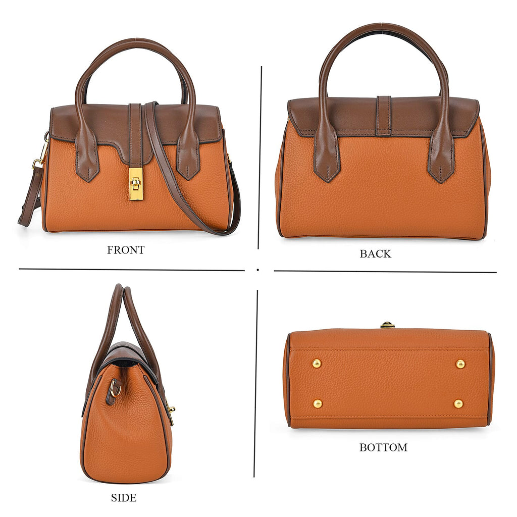 Genuine Leather Elegant Two-Tone Satchel Handbag With 2 Long Shoulder Strap - Tan With Brown