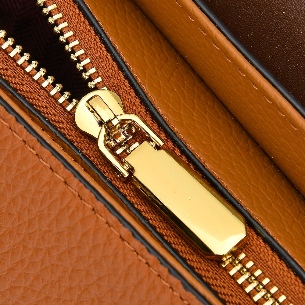 Genuine Leather Elegant Two-Tone Satchel Handbag With 2 Long Shoulder Strap - Tan With Brown