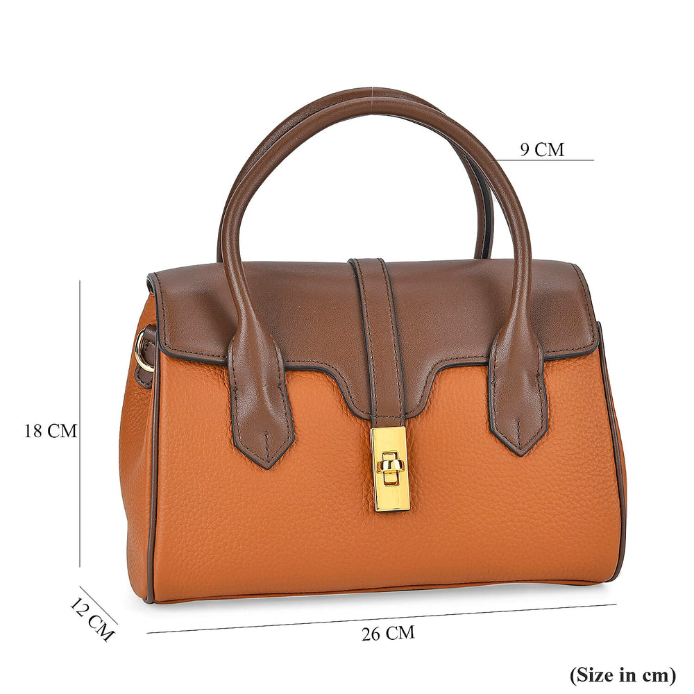 Genuine Leather Elegant Two-Tone Satchel Handbag With 2 Long Shoulder Strap - Tan With Brown