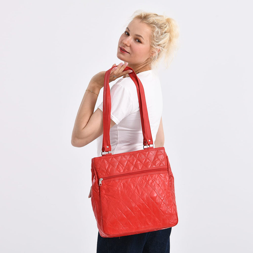 Genuine Leather Patchwork Tote Bag (Size 30x10x33 cm) - Red