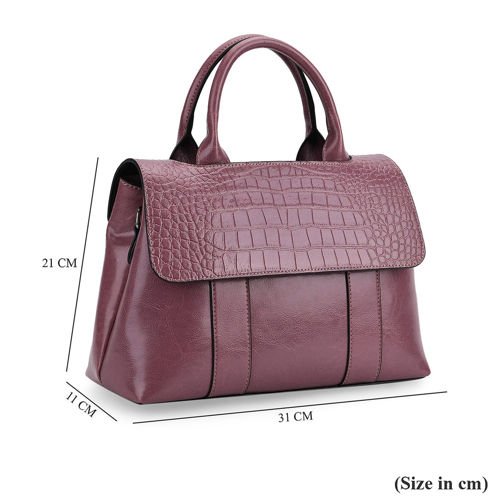 Sumptuous Quality 100% Genuine Exquisite Leather Croc Embossed Crossbody Bag with 2 Long Shoulder Strap - Purple