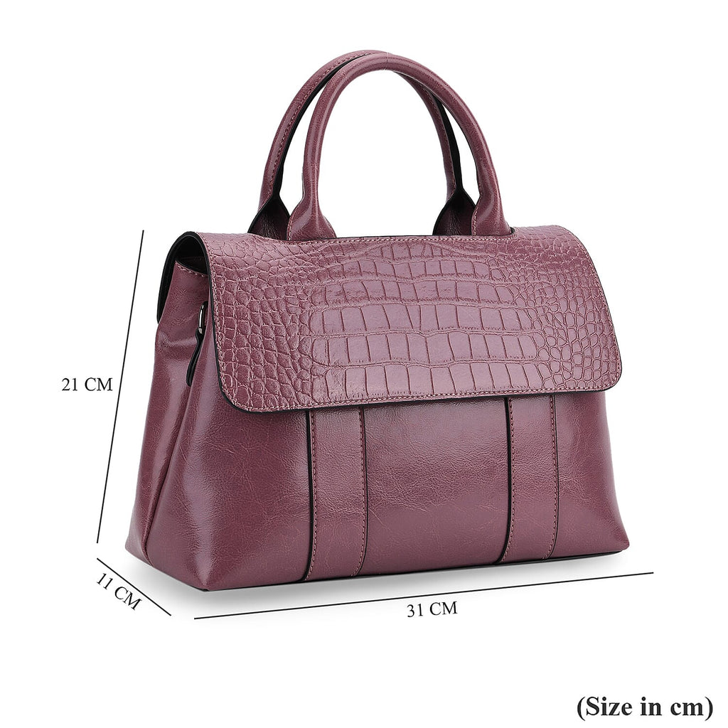 Sumptuous Quality 100% Genuine Exquisite Leather Croc Embossed Crossbody Bag with 2 Long Shoulder Strap - Purple
