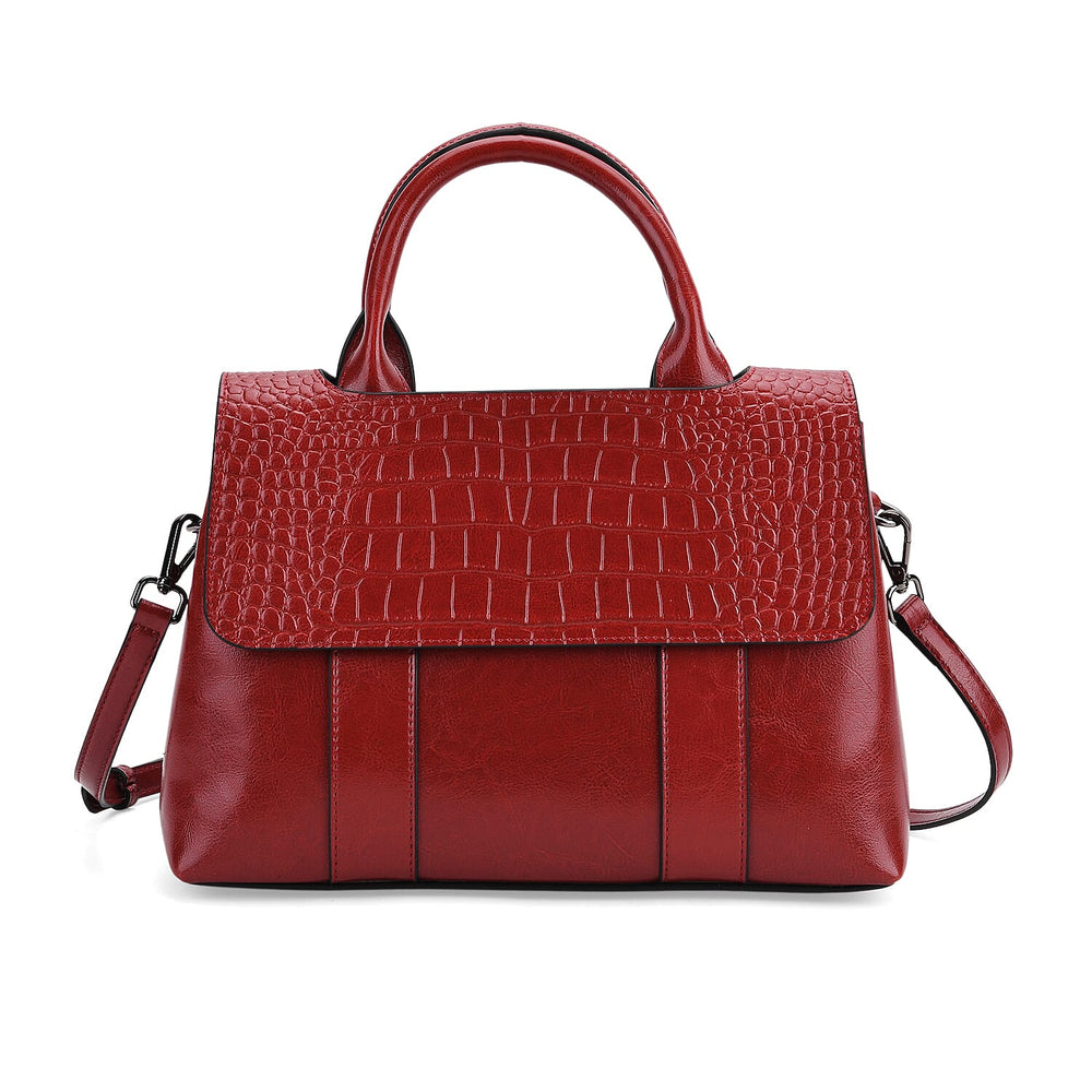Sumptuous Quality 100% Genuine Exquisite Leather Croc Embossed Crossbody Bag with 2 Long Shoulder Strap - Red