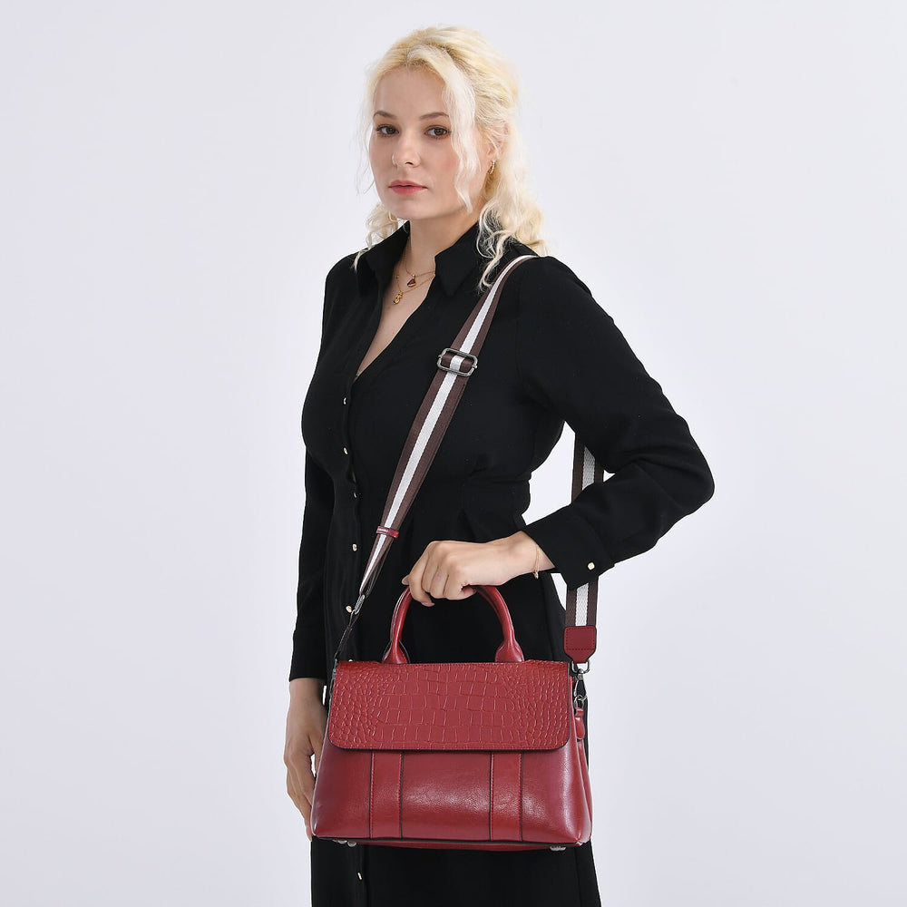 Sumptuous Quality 100% Genuine Exquisite Leather Croc Embossed Crossbody Bag with 2 Long Shoulder Strap - Red