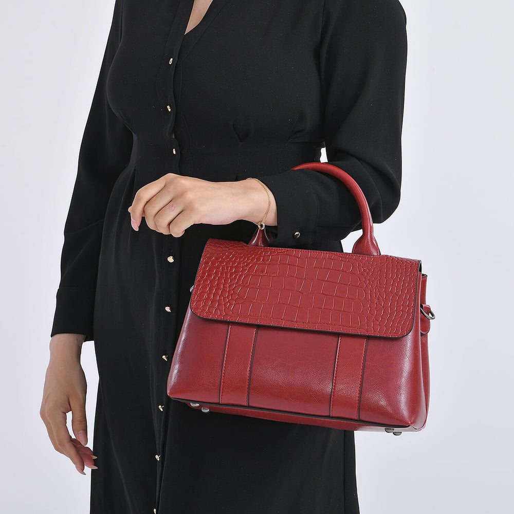 Sumptuous Quality 100% Genuine Exquisite Leather Croc Embossed Crossbody Bag with 2 Long Shoulder Strap - Red