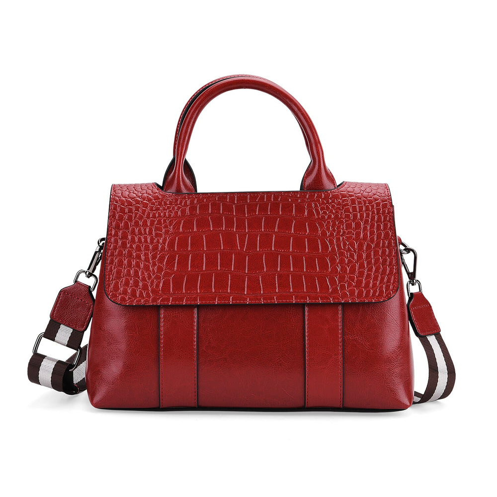 Sumptuous Quality 100% Genuine Exquisite Leather Croc Embossed Crossbody Bag with 2 Long Shoulder Strap - Red