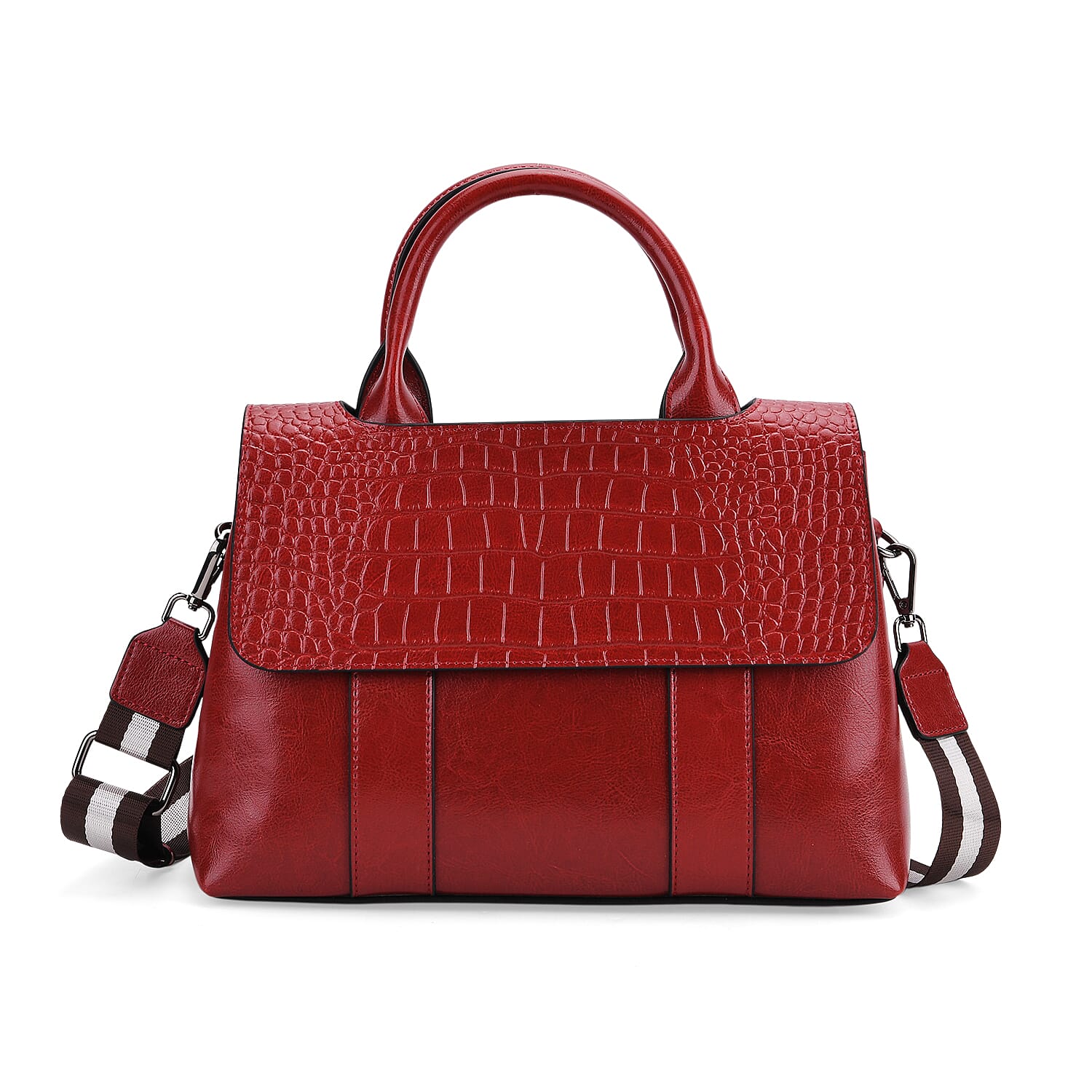 Sumptuous Quality 100% Genuine Exquisite Leather Croc Embossed Crossbody Bag with 2 Long Shoulder Strap - Red