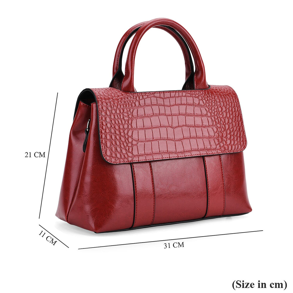 Sumptuous Quality 100% Genuine Exquisite Leather Croc Embossed Crossbody Bag with 2 Long Shoulder Strap - Red