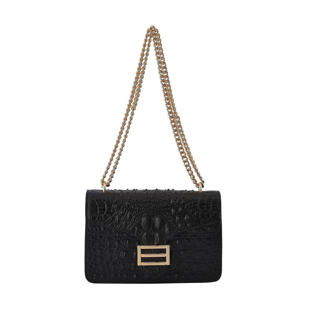 Boutique CloseOut- 100% Genuine Leather Crossbody Bag with Chain Strap - Black