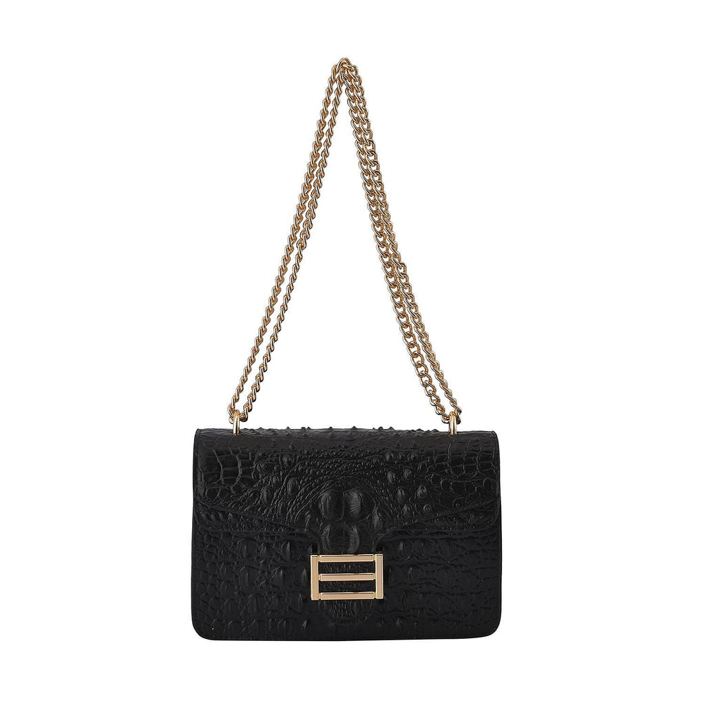 Boutique CloseOut- 100% Genuine Leather Crossbody Bag with Chain Strap - Black