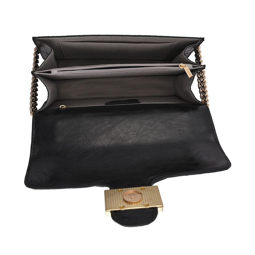 Boutique CloseOut- 100% Genuine Leather Crossbody Bag with Chain Strap - Black
