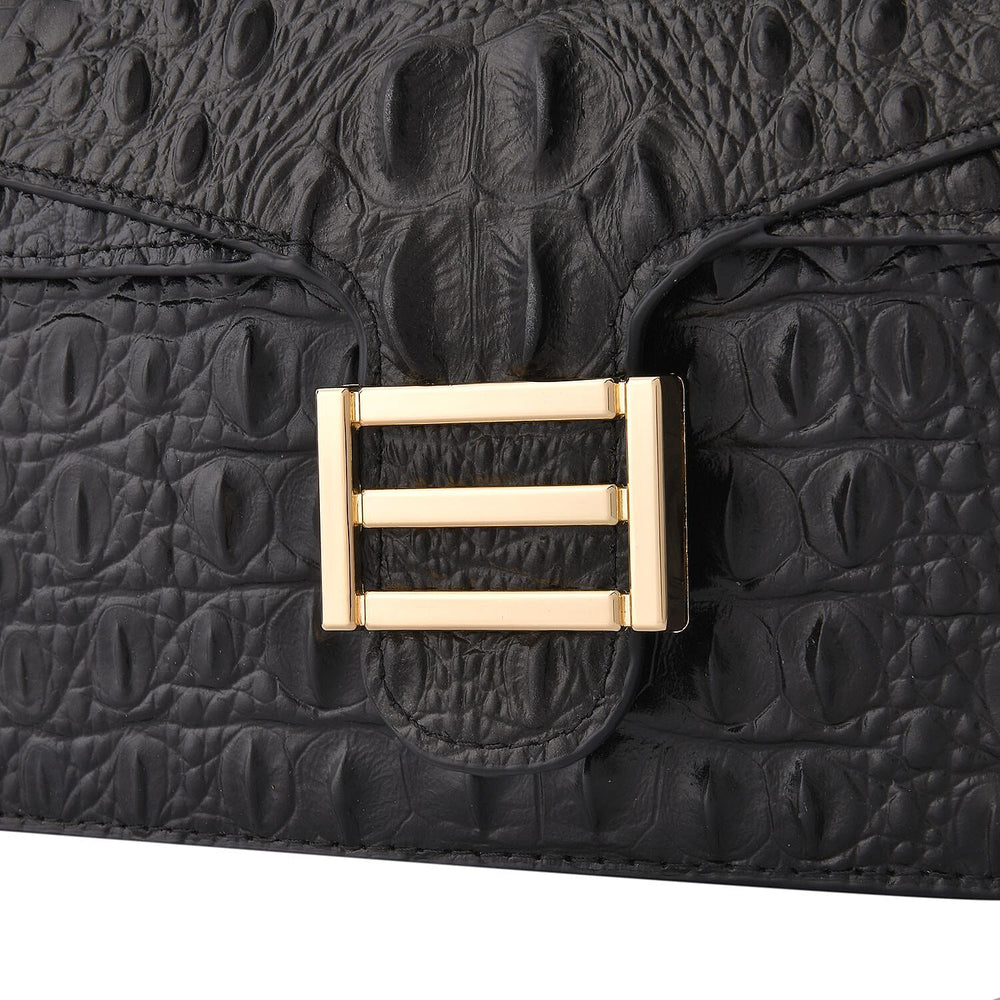 Boutique CloseOut- 100% Genuine Leather Crossbody Bag with Chain Strap - Black