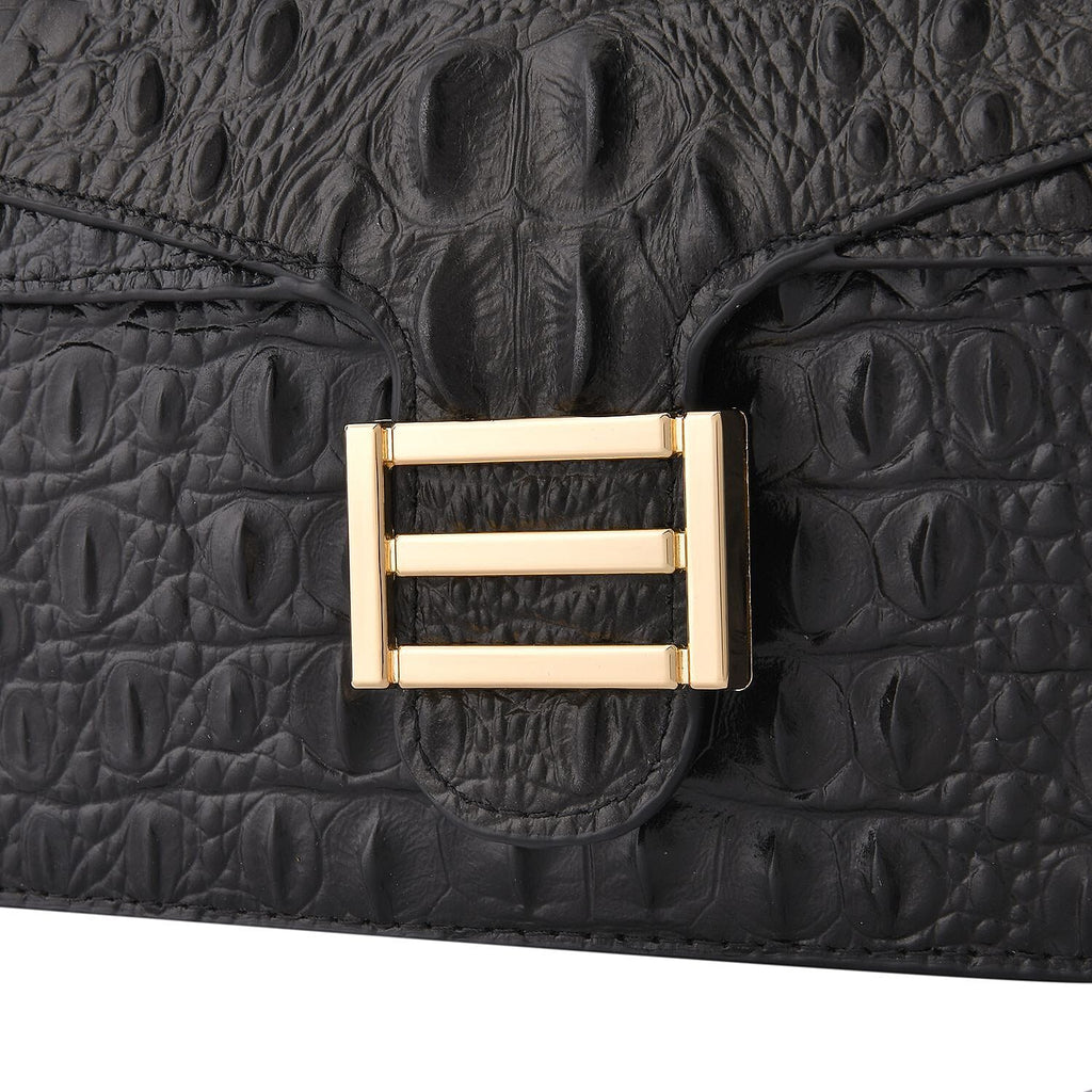 Boutique CloseOut- 100% Genuine Leather Crossbody Bag with Chain Strap - Black