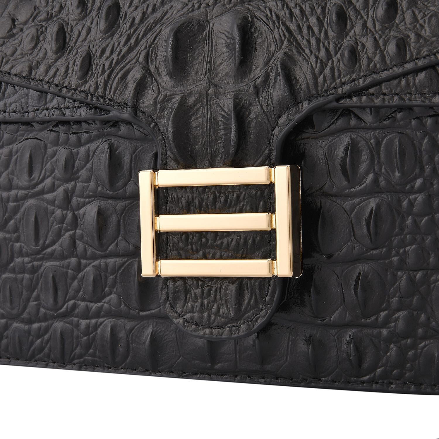 Boutique CloseOut- 100% Genuine Leather Crossbody Bag with Chain Strap - Black