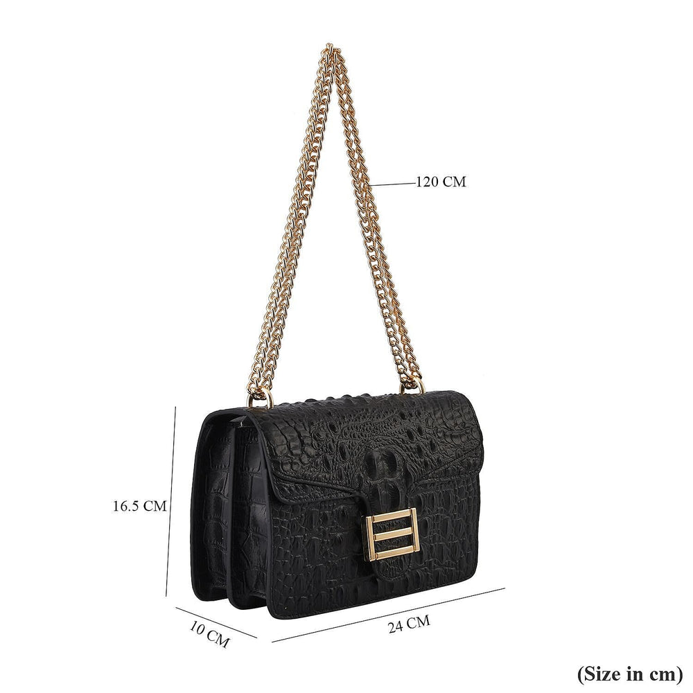 Boutique CloseOut- 100% Genuine Leather Crossbody Bag with Chain Strap - Black