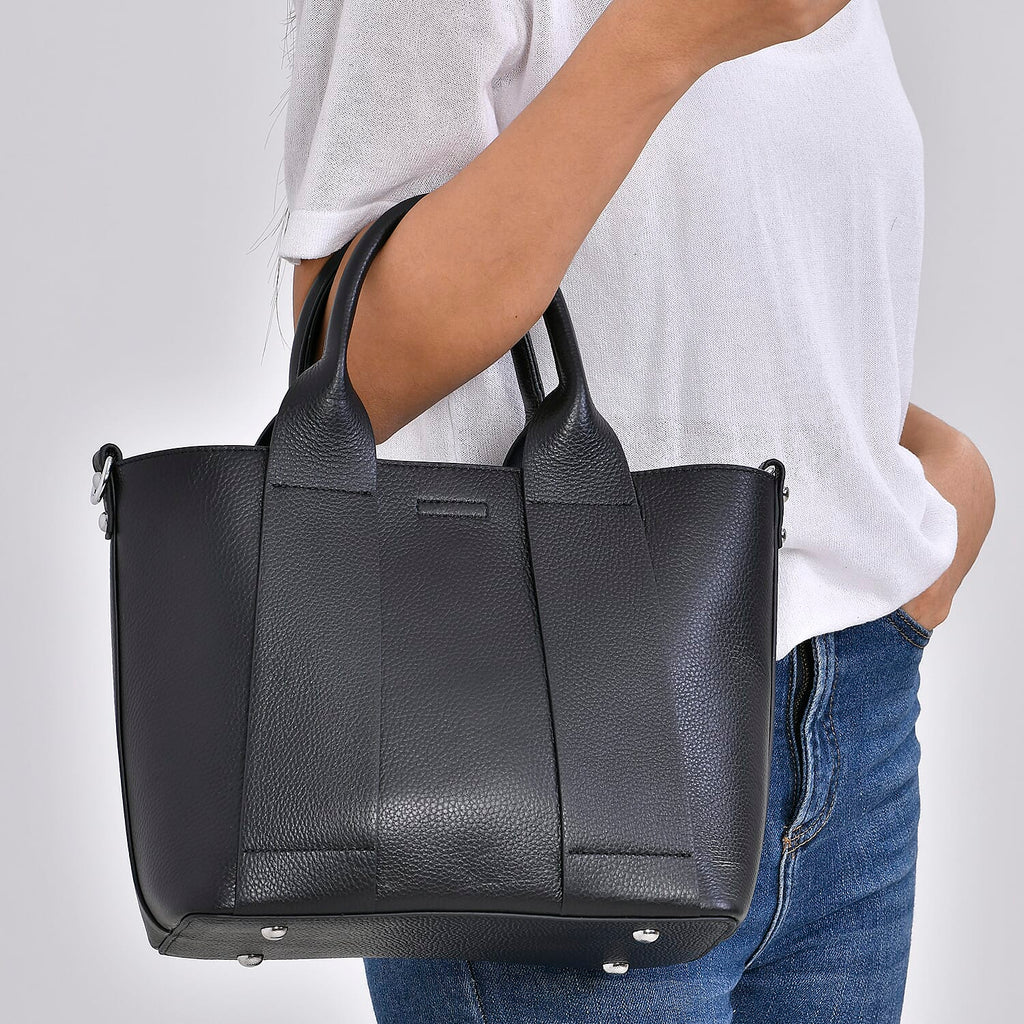 Genuine Leather Patterned Crossbody Bag with Top Handle - Black