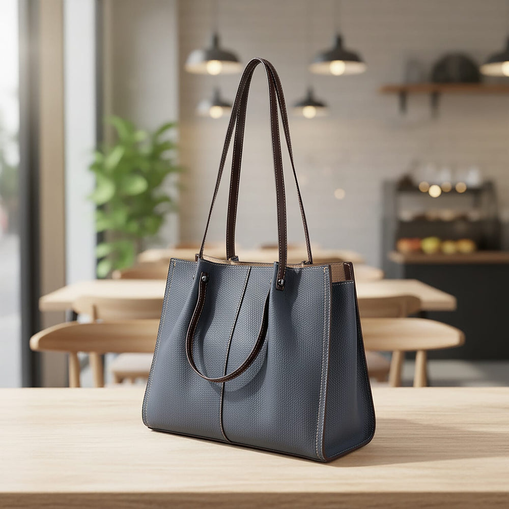 Genuine Leather Tote Bag - Navy