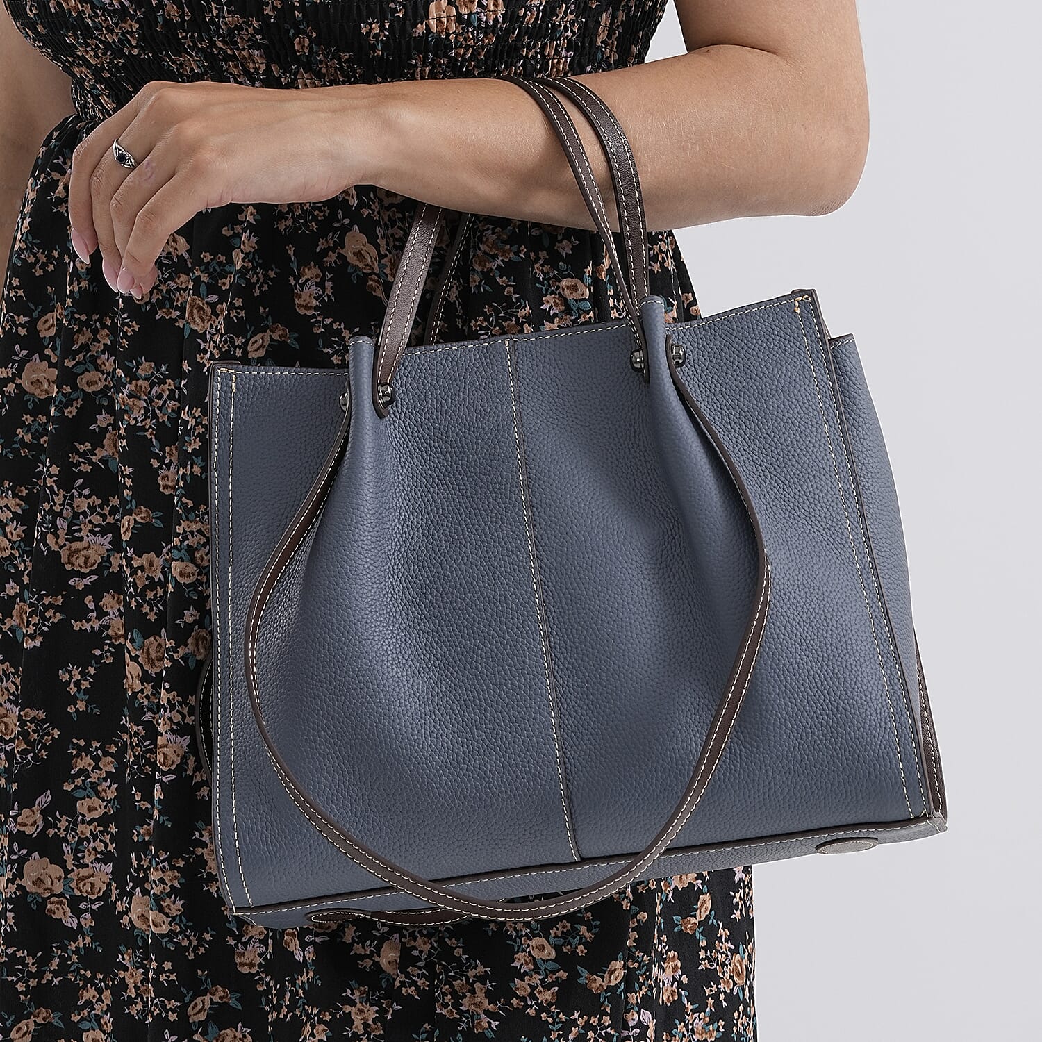 Genuine Leather Tote Bag - Navy