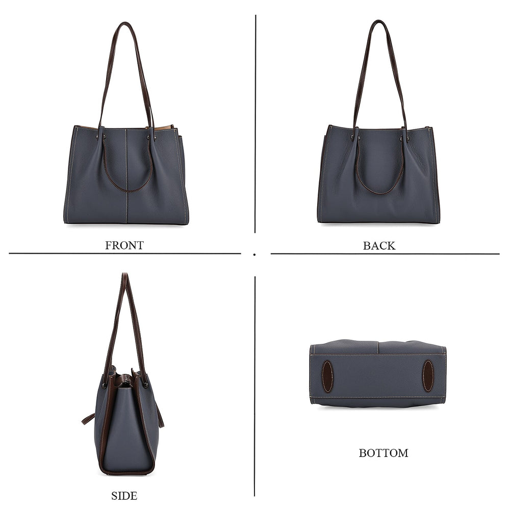 Genuine Leather Tote Bag - Navy