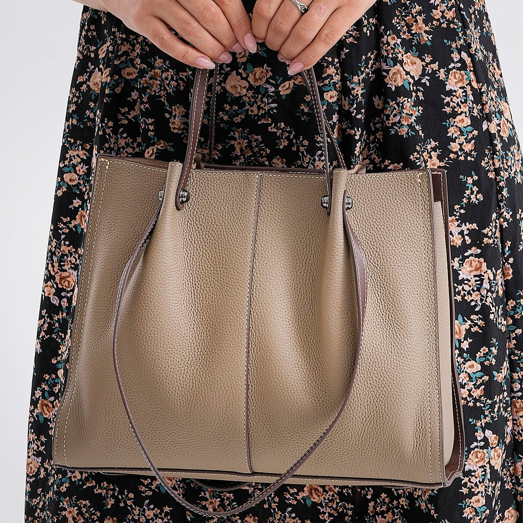 Genuine Leather Tote Bag - Taupe