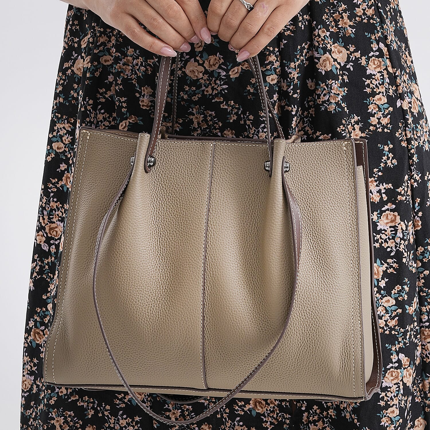 Genuine Leather Tote Bag - Taupe