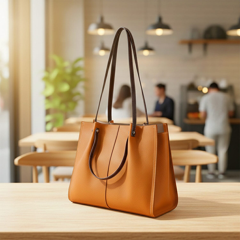 Genuine Leather Large Tote Bag - Tan