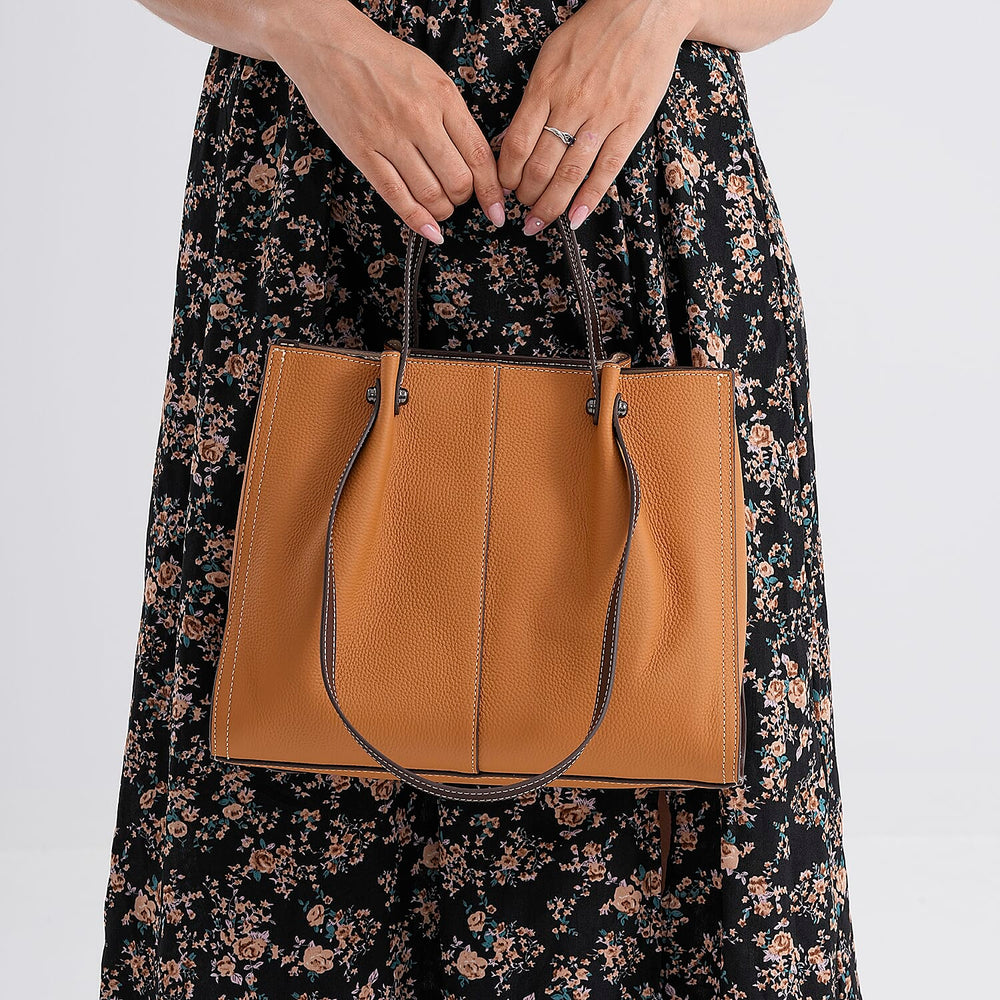 Genuine Leather Large Tote Bag - Tan