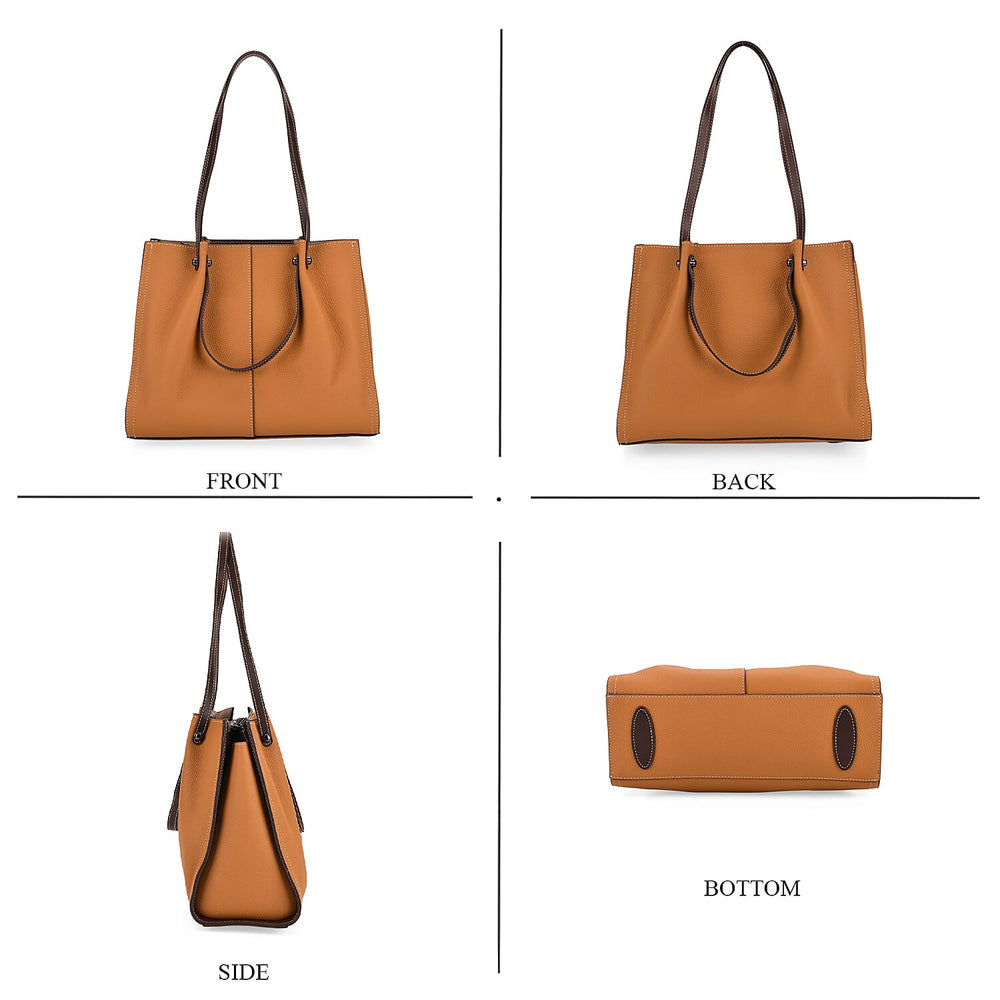Genuine Leather Large Tote Bag - Tan