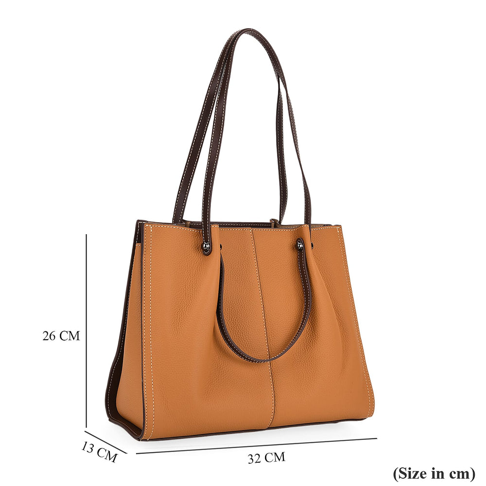 Genuine Leather Large Tote Bag - Tan