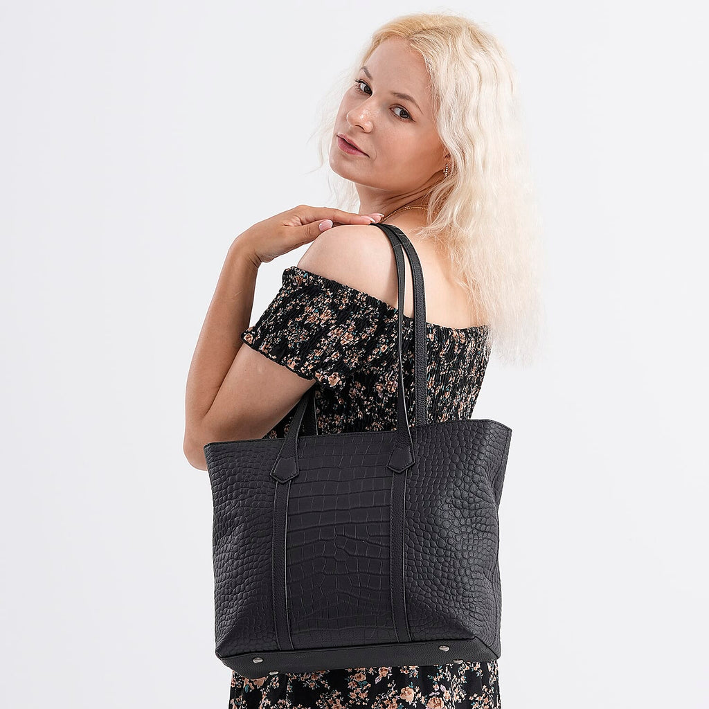 Genuine Leather Patterned Tote Bag (Size 38x12x27 cm) - Black & Black