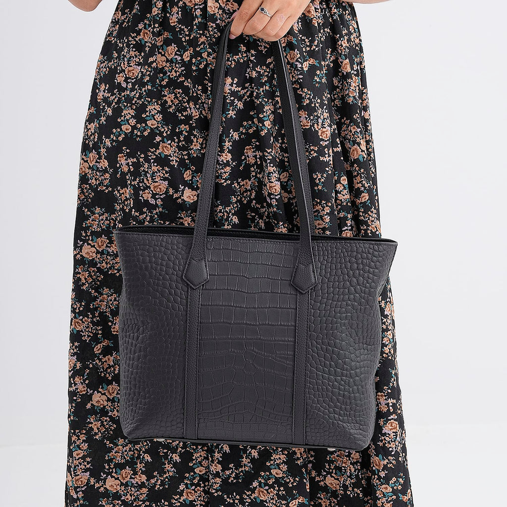 Genuine Leather Patterned Tote Bag (Size 38x12x27 cm) - Black & Black