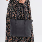 Genuine Leather Patterned Tote Bag (Size 38x12x27 cm) - Black & Black