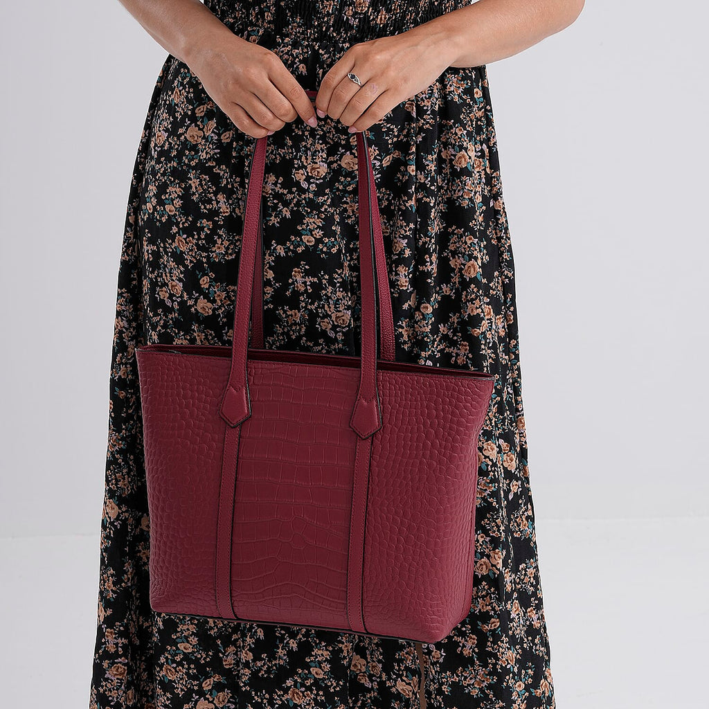 Genuine Leather Patterned Tote Bag (Size 38x12x27 cm) - Burgundy & Black