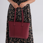 Genuine Leather Patterned Tote Bag (Size 38x12x27 cm) - Burgundy & Black