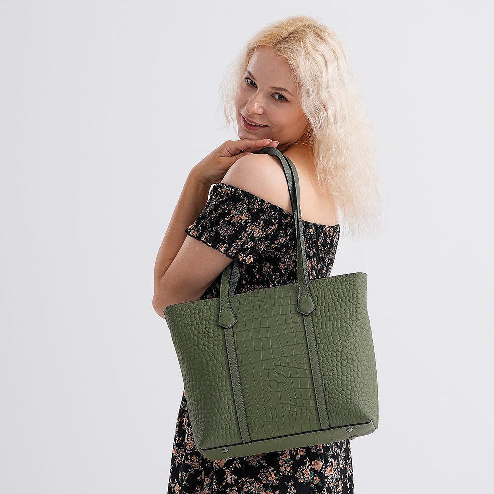 Genuine Leather Classic Tote Bag - Green
