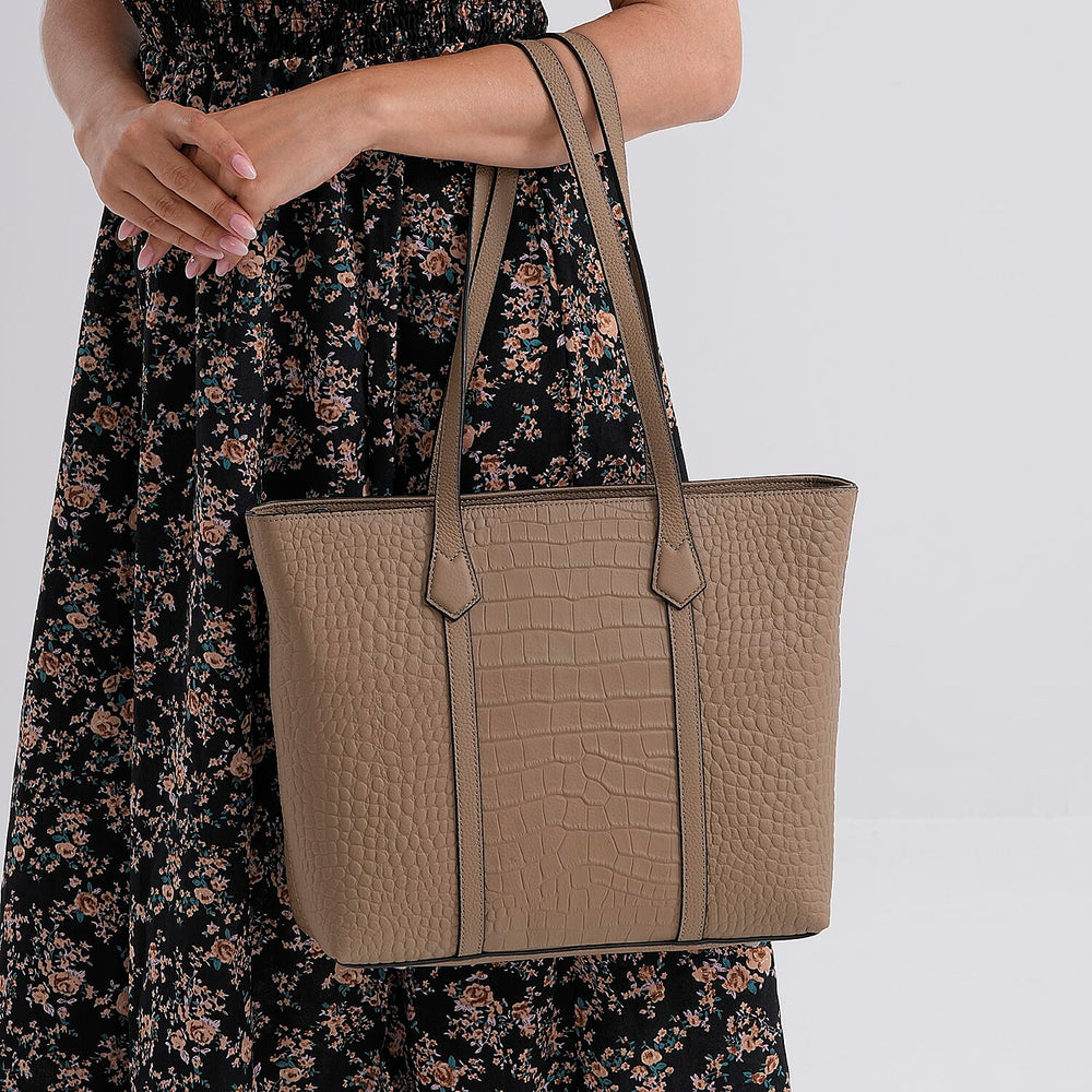 Genuine Leather Patterned Tote Bag (Size 38x12x27 cm) - Grey & Black