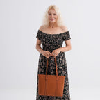 Genuine Leather Patterned Tote Bag (Size 38x12x27 cm) - Tan & Black